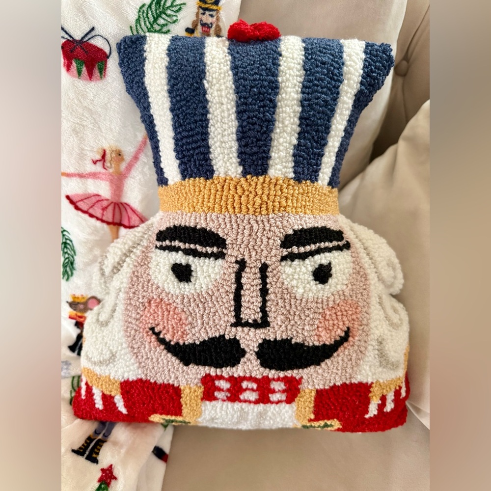 Nutcracker Soldier Hooked Punch Needle Throw Pillow Christmas Holiday Decor